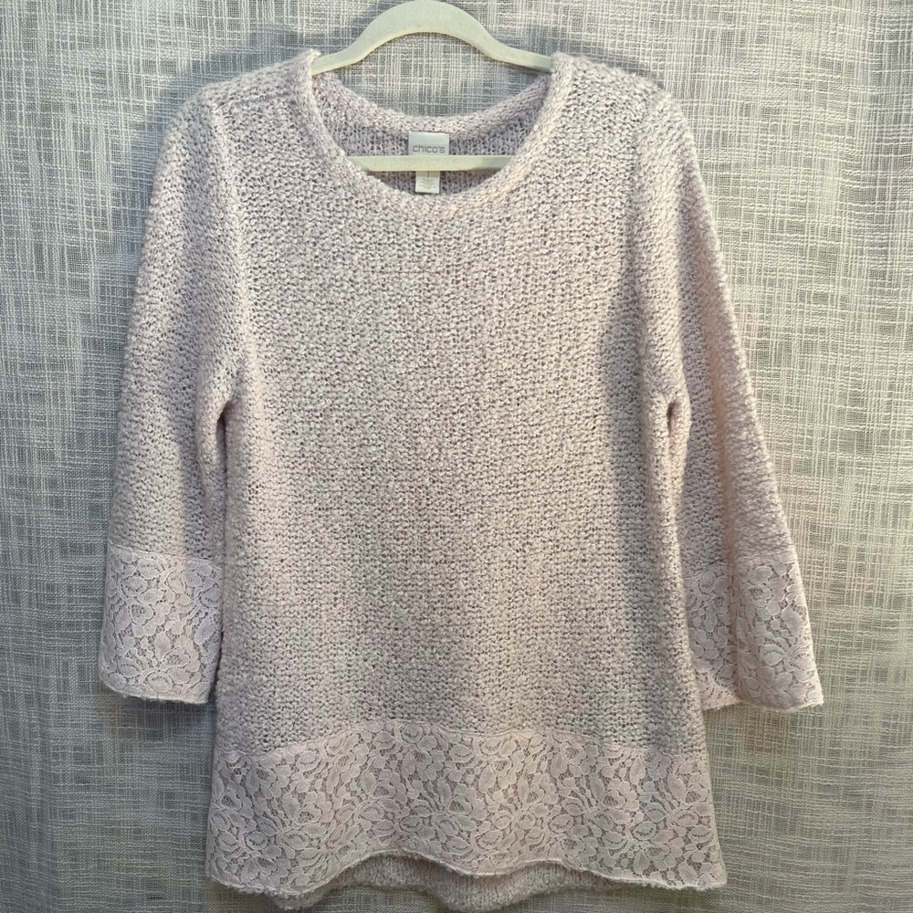 Pink tunic sweater, blush pink sweater with lace trim, Chicos tunic sweater